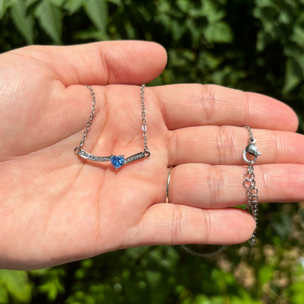 18K White Gold Plated Stainless Steel Blue Diamond Heart Necklace